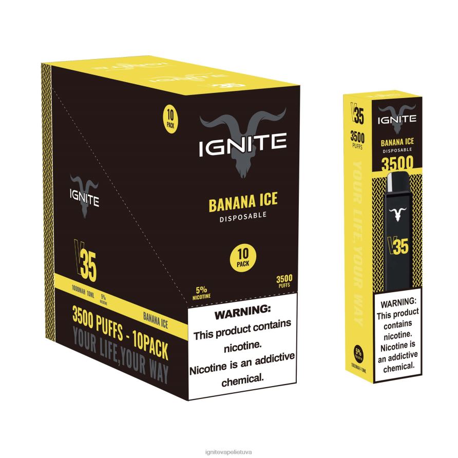 IGNITE V35 Vape rašiklis 10 vnt P2DT616 IGNITE tobacco outlet bananų ledas