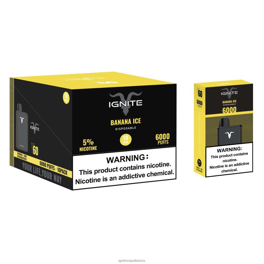IGNITE V60 Vape rašiklis 10 vnt P2DT61 IGNITE vape lietuva bananų ledas