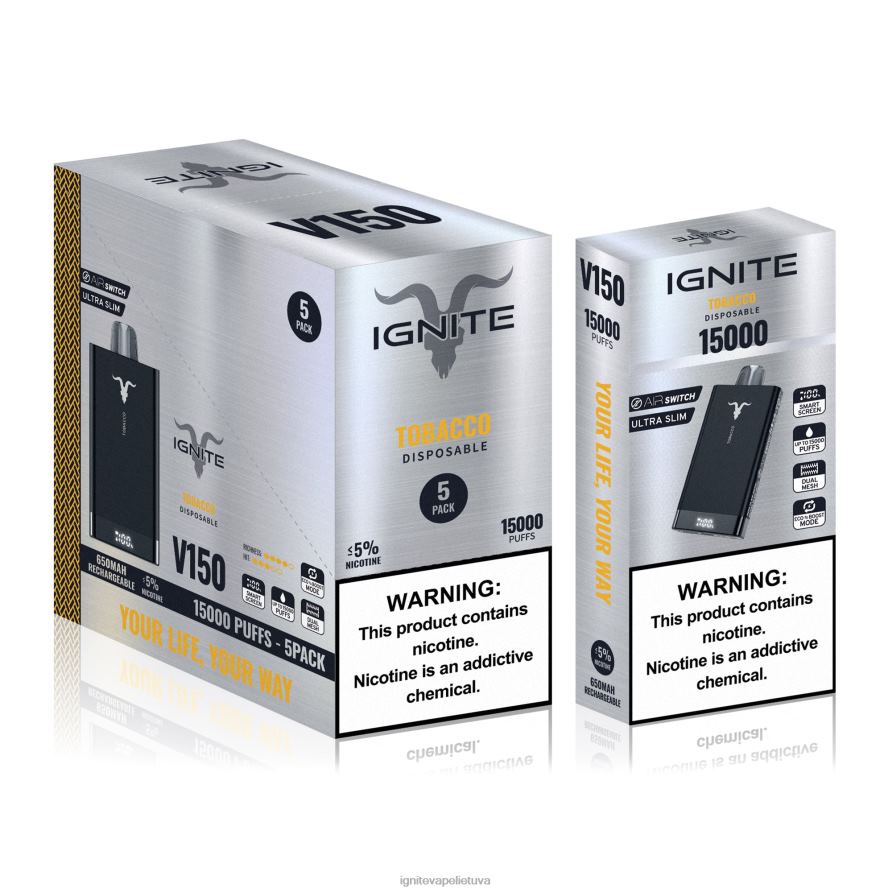 IGNITE V150 Vape rašiklis 5 vnt P2DT69 IGNITE puff price tabakas